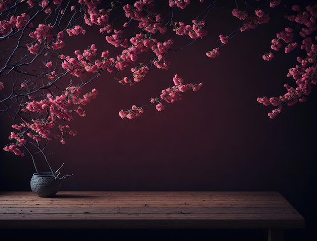 Un vase avec des fleurs roses est posé sur une table devant un mur rouge foncé.