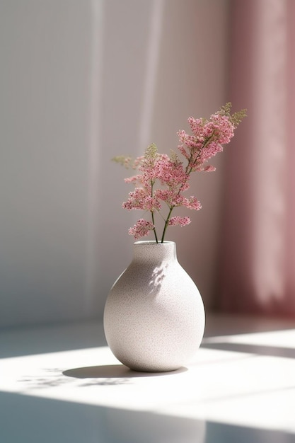 Un vase avec des fleurs roses est posé sur une table.