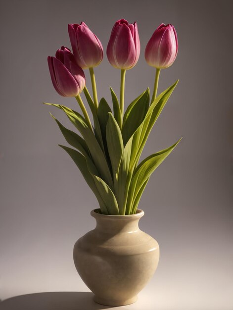 Un vase avec des fleurs roses et un fond blanc.