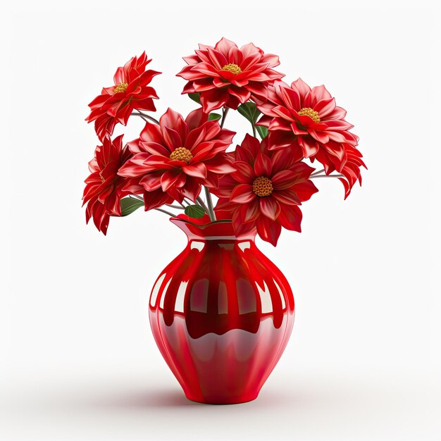 Vase de fleurs rouges en céramique rouge isolée sur fond blanc