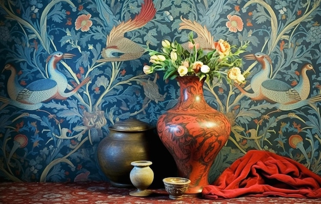Un vase avec des fleurs se trouve à côté d'un papier peint avec un oiseau rouge dessus.
