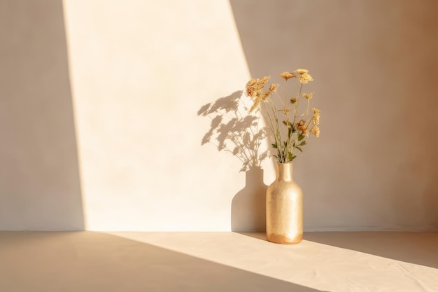 Un vase de fleurs se trouve devant un mur éclairé.