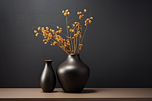 Vase avec des fleurs sèches sur une table en bois et un fond mural noir