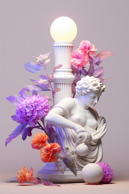 Un vase avec des fleurs et une statue sur une table Image numérique Composition surréaliste