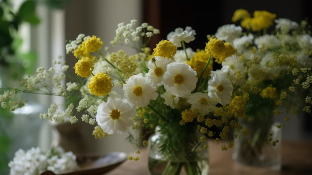 Un vase de fleurs sur une table avec une assiette de nourriture dessus.