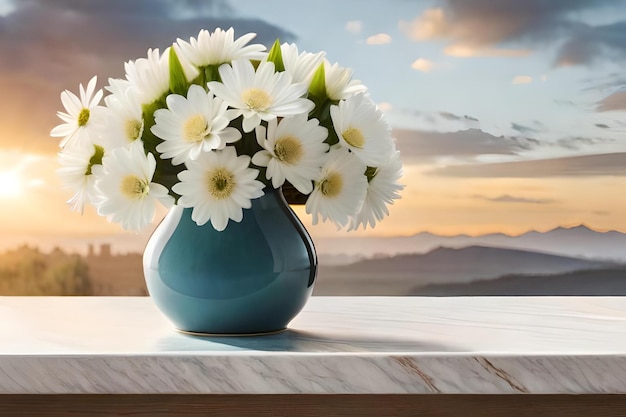 Un vase avec des fleurs sur une table et le coucher du soleil en arrière-plan