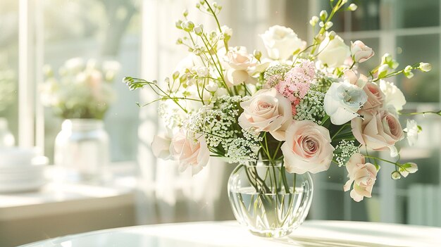 un vase de fleurs sur une table avec une fenêtre derrière eux