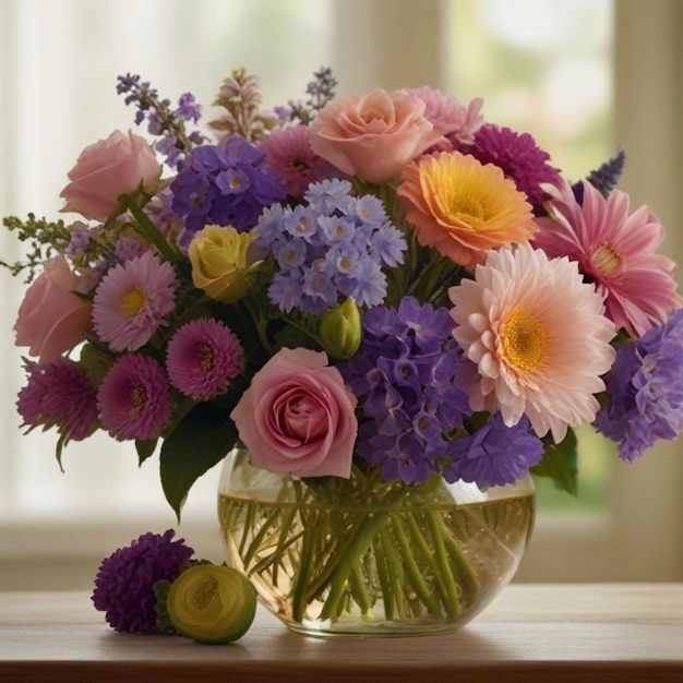 un vase avec des fleurs sur une table et une fenêtre derrière
