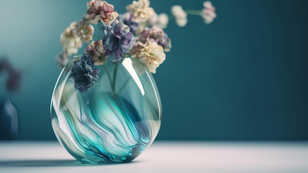 Un vase de fleurs sur une table avec un fond bleu