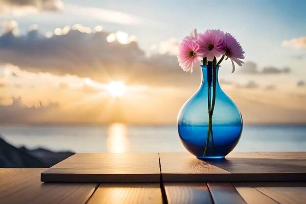 Photo un vase avec des fleurs sur une table et le soleil derrière