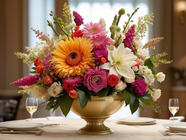 un vase de fleurs sur une table avec un verre à vin et une assiette