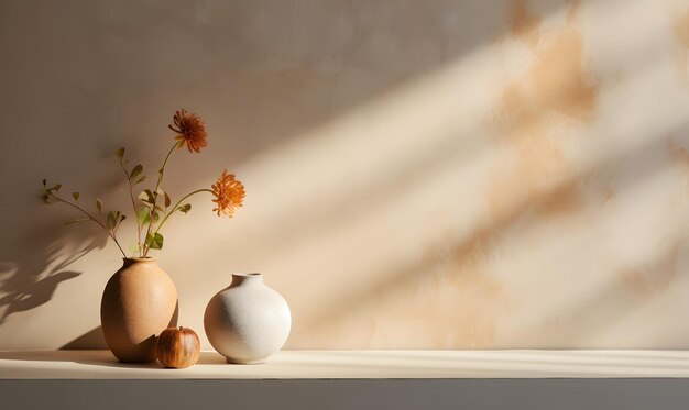 un vase avec des fleurs et un vase sur une table