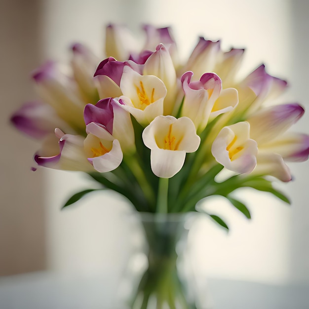un vase de fleurs violettes et blanches avec des pétales jaunes et blancs