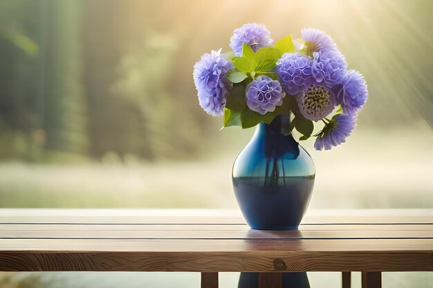 un vase de fleurs violettes avec le soleil derrière elles.