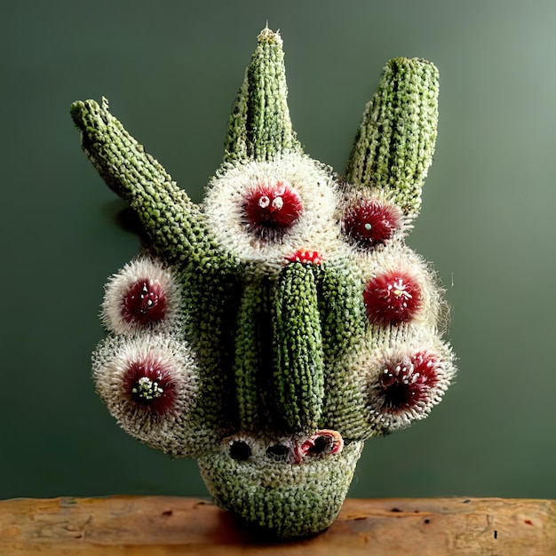 un vase avec des fleurs et le visage d'un cactus.