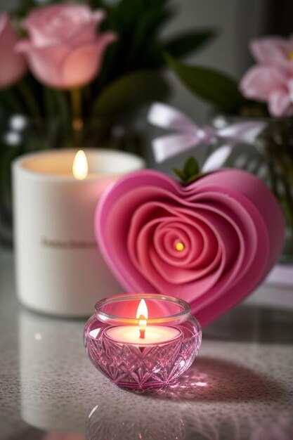 Photo vase en forme de cœur avec des bougies et des fleurs roses assises sur une table en bois