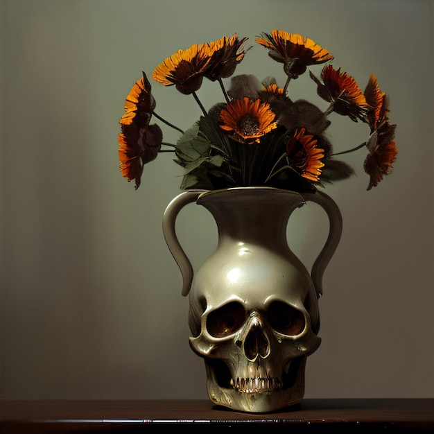 un vase en forme de crâne avec des fleurs sur une table
