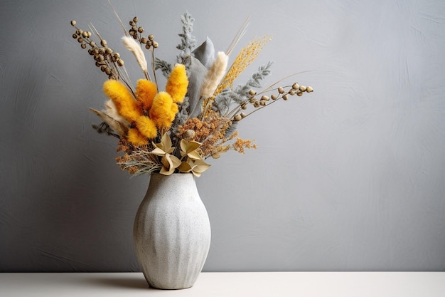 Vase gris avec bouquet de fleurs séchées lumineuses