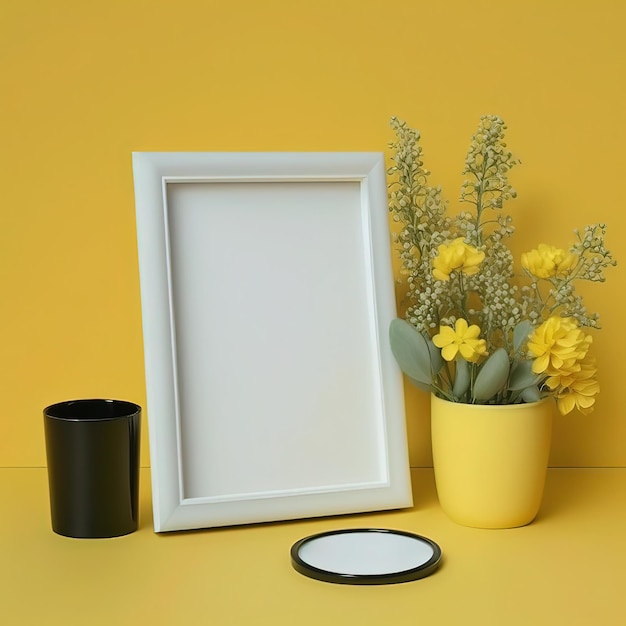 Un vase jaune avec des fleurs et un cadre blanc