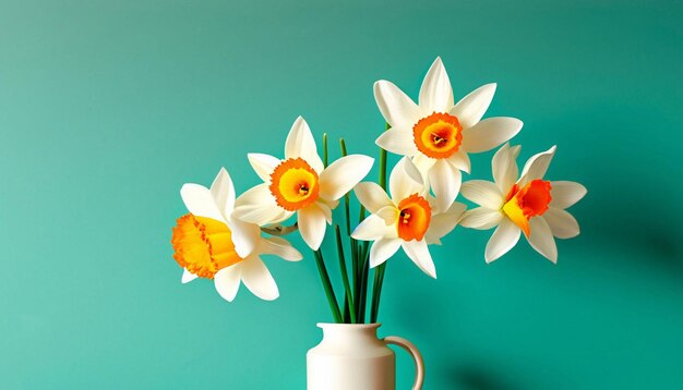 Un vase de jonquilles à fond vert.