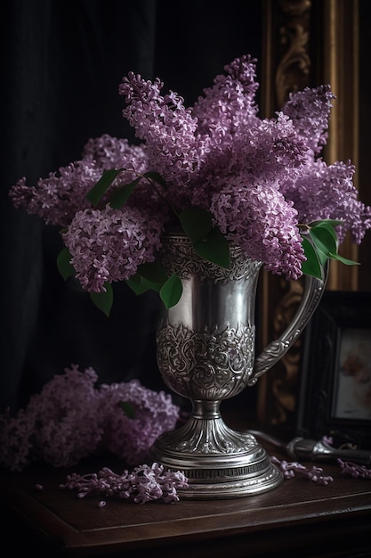 Un vase de lilas est posé sur une table avec une image sur fond noir.