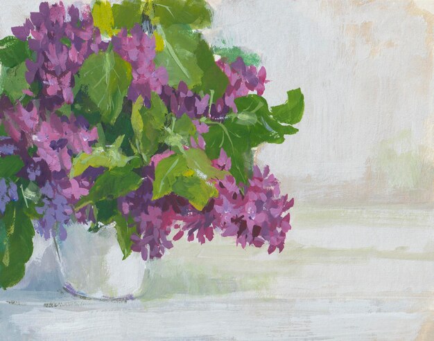 Photo vase lilas peinture gouache un bouquet de lilas violet gros plan sur un fond de papier blanc