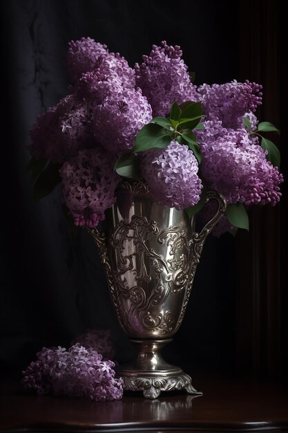 Un vase de lilas violets est posé sur une table.