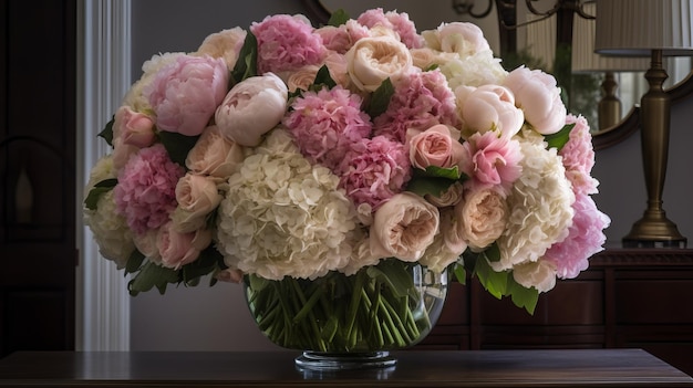 Un vase luxuriant débordant de pivoines et d'hortensias généré par l'IA