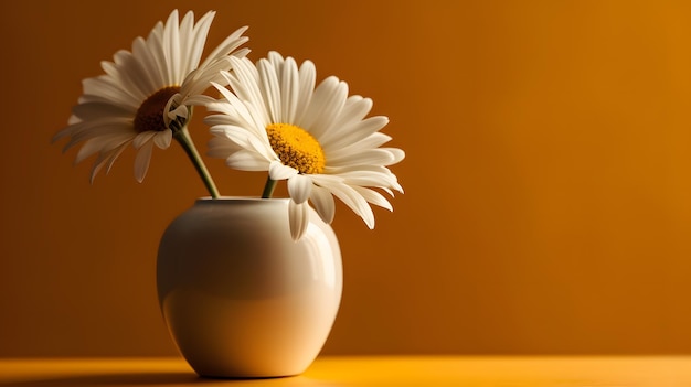 Un vase avec des marguerites est posé sur une table.