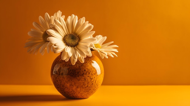 Un vase avec des marguerites sur un fond orange.
