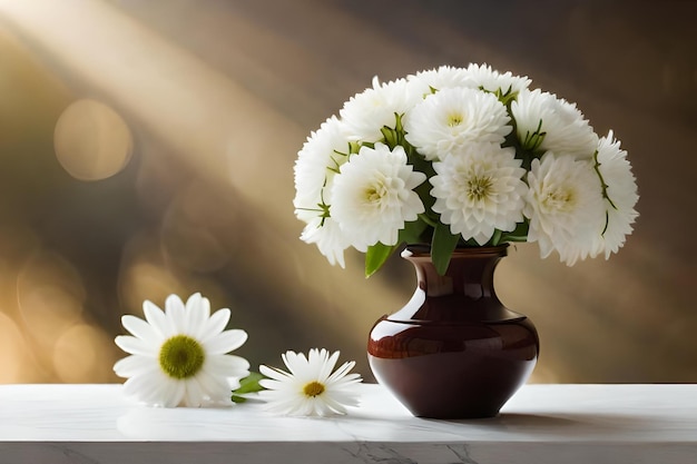 Un vase avec des marguerites et un vase avec les mots " marguerites " sur le côté.