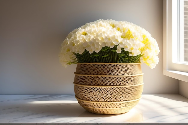 un vase marron avec des fleurs jaunes dedans