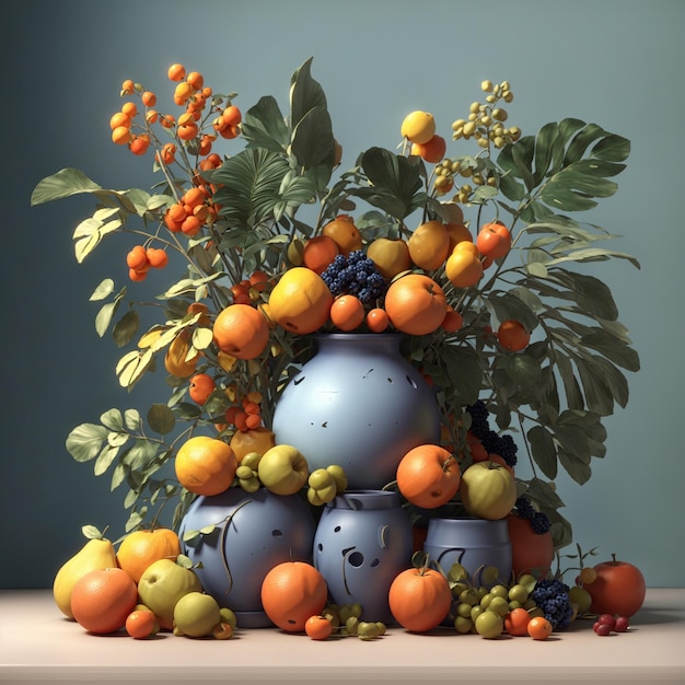 Photo vase nature morte en rendu 3d avec feuilles et illustration de pot de nourriture et de plantes brésiliennes