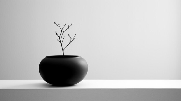 Un vase noir avec une branche dessus.