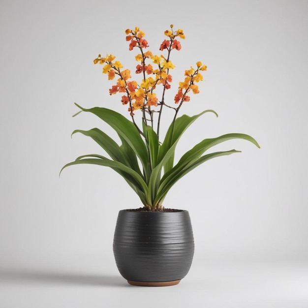 un vase noir avec des fleurs jaunes et orange