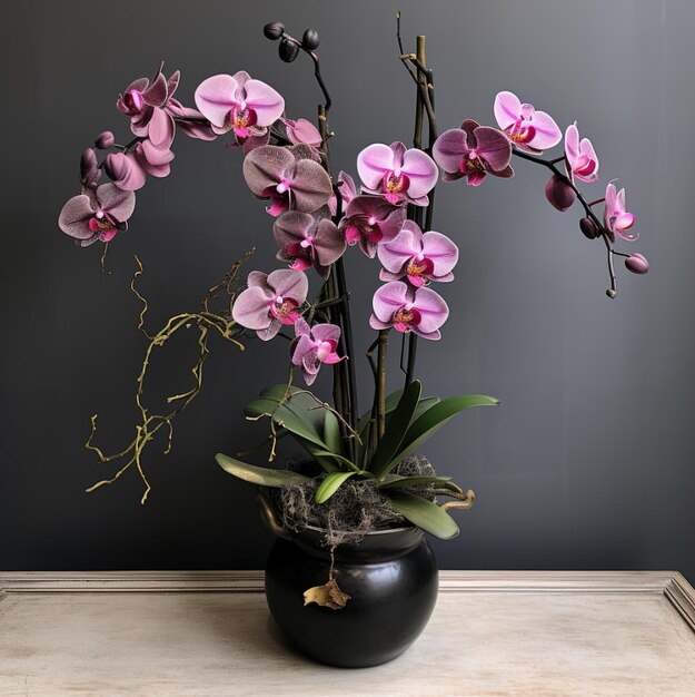 un vase noir avec des orchidées violettes et blanches.