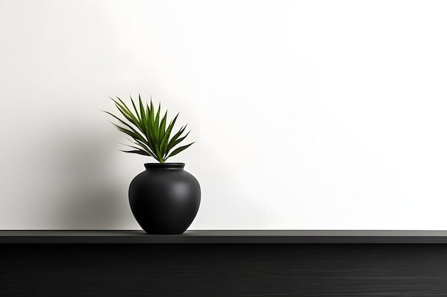 vase noir avec plante sur étagère contre un mur blanc sur fond de table noir photo de haute qualité