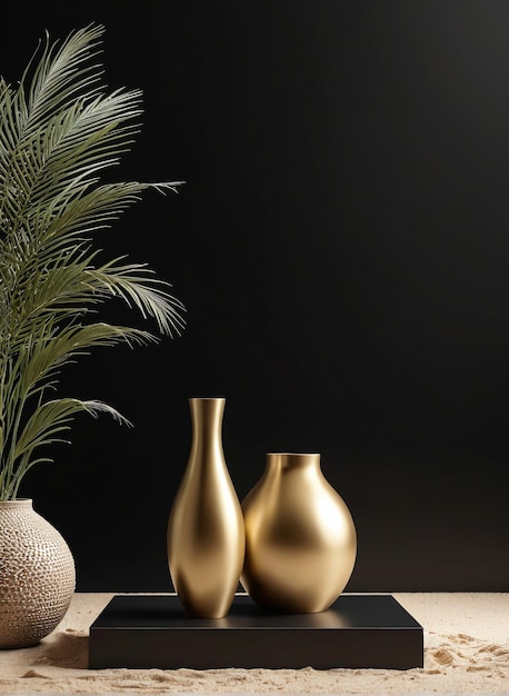 un vase en or et une plante sur un fond noir