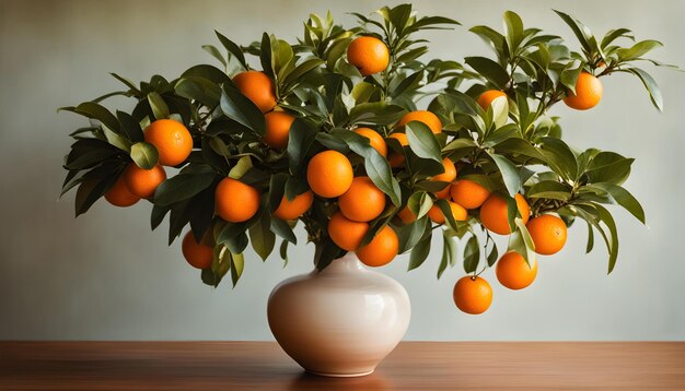 un vase avec des oranges et un arbre en arrière-plan