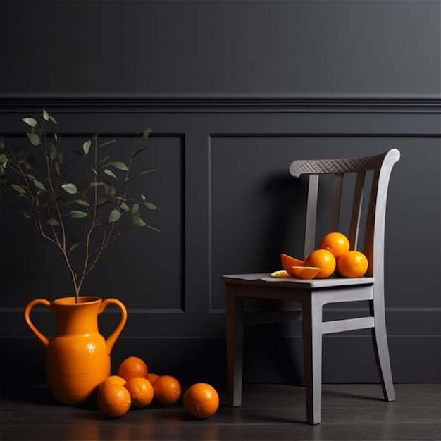 Un vase avec des oranges et un arbre dessus