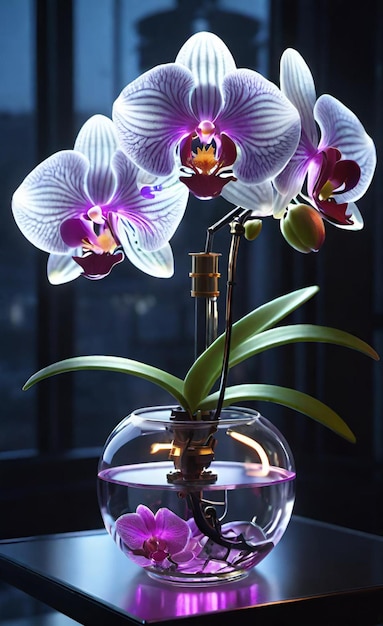 Un vase avec des orchidées et un vase avec une orchidée pourpre dedans