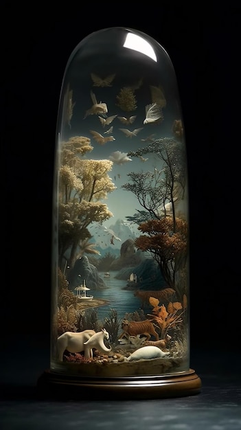 Un vase avec une peinture d'une rivière et une forêt avec un oiseau dessusFond d'écran mobile Ai généré