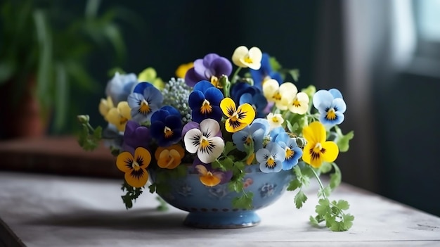 Un vase de pensées sur une table