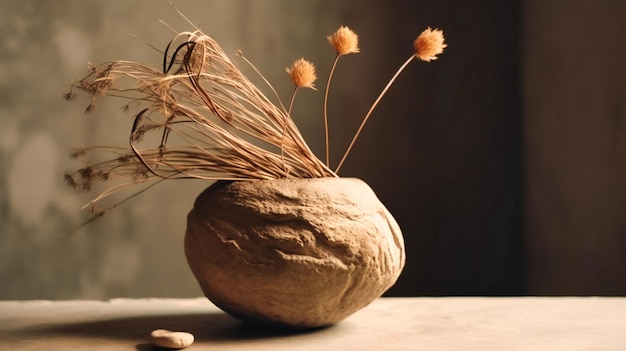Un vase en pierre avec une plante sèche assise dessus