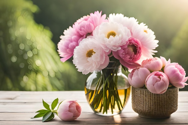 Un vase de pivoines est posé sur une table en bois avec un vase de fleurs.