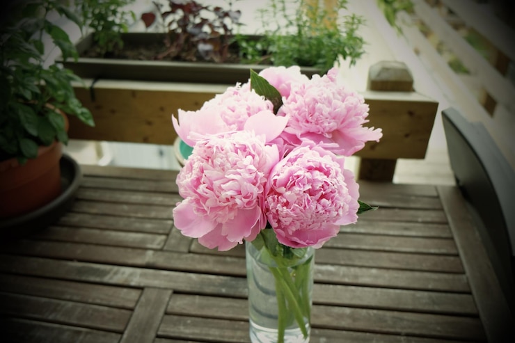 Photo un vase de pivoines roses est posé sur une table en bois.