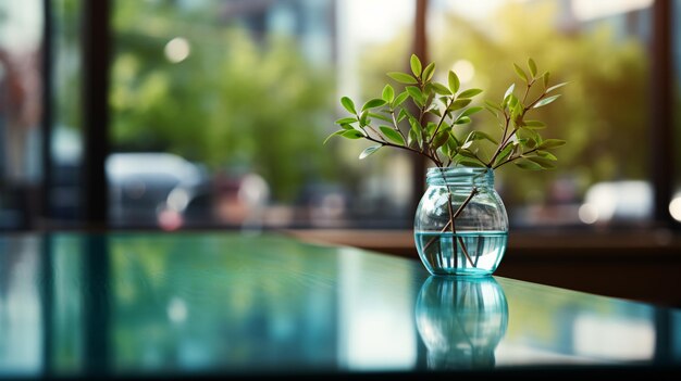 Un vase avec une plante dedans est assis sur une table la table est sur un seuil de fenêtre et la vue de l'extérieur