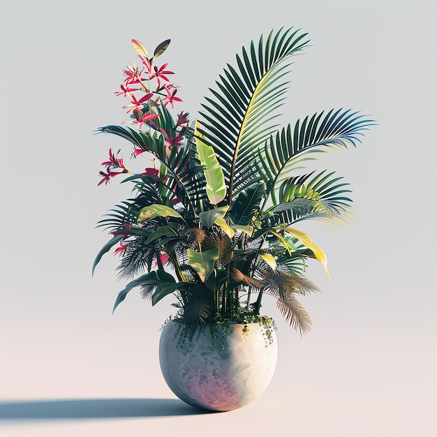 un vase avec une plante et des fleurs dedans