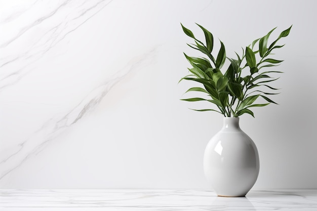 Vase et plantes en gros plan sur une table en marbre blanc et des arrière-plans de mur en marbre blancs avec espace de copie