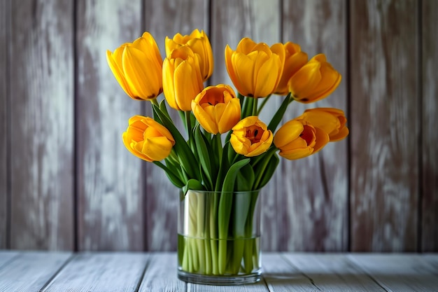 Un vase plein de fleurs jaunes avec des tiges vertes est posé sur une table en bois.